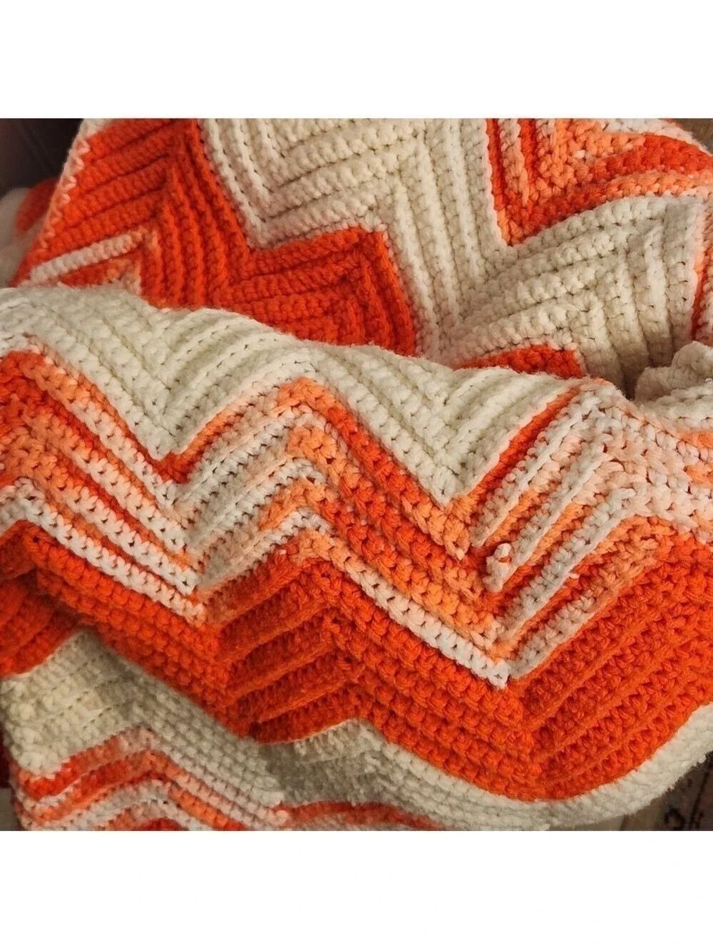 Vtg 70s XL Crochet Ripple Afghan Blanket 55x88 Bright Pink White Chevron Retro